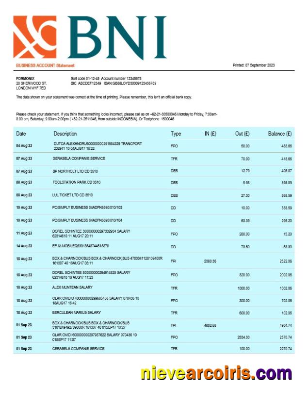 BNI Bank firm statement